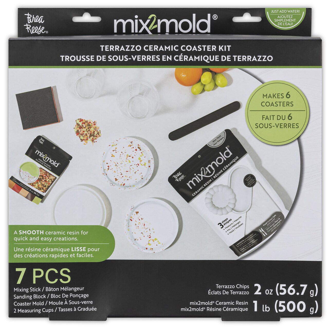 Brea Reese Mix2Mold Terrazzo Ceramic Coaster Kit - DIY 6 Coasters, All-In-1 Craft, Pastel Terrazzo, Silicone Mold-Resin-Accessories, Just Add Water